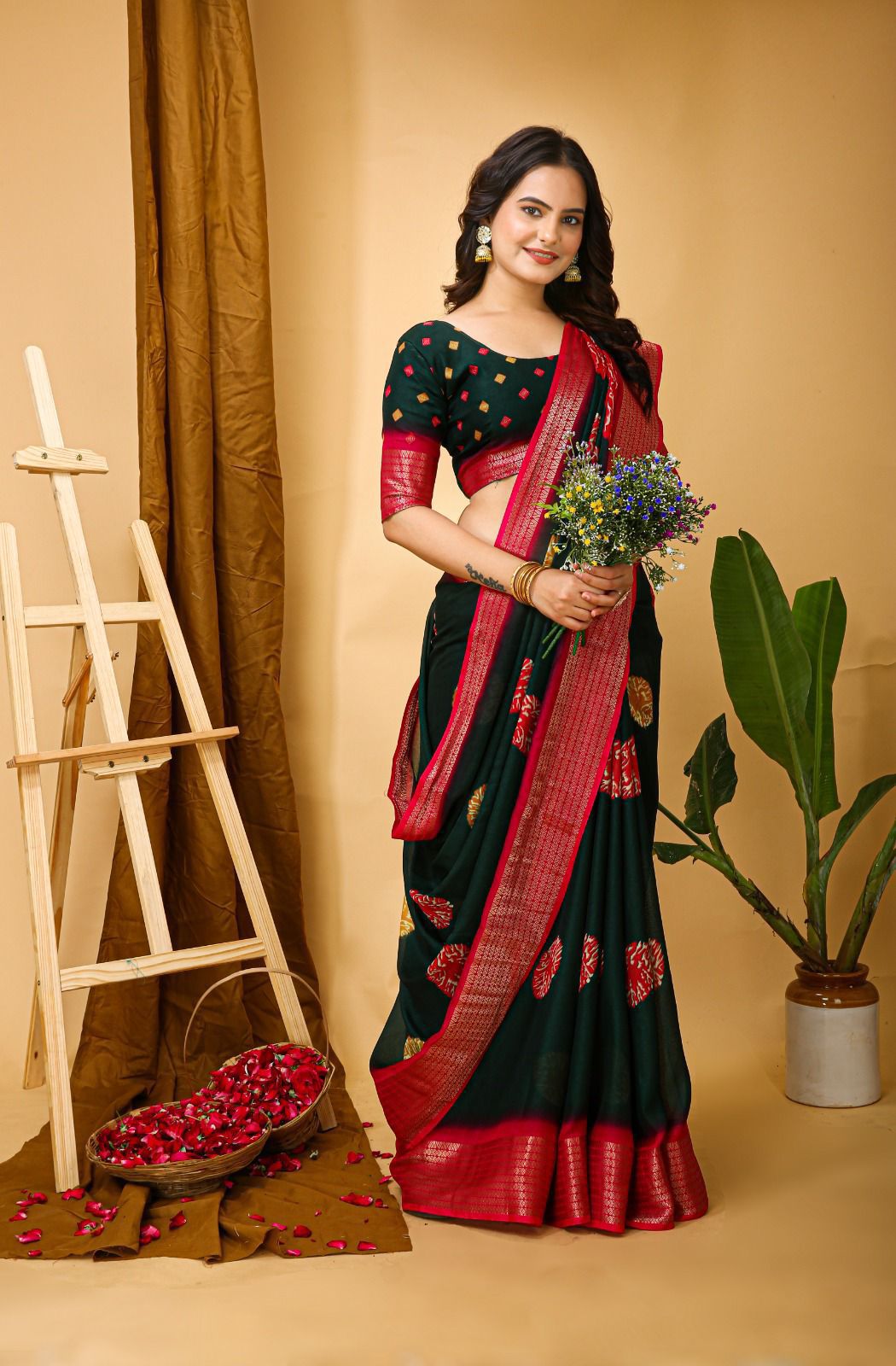 Kayatri New Soft Marshmallow Print Saree with Jacquard Kanjivaram Zari Border & Blouse