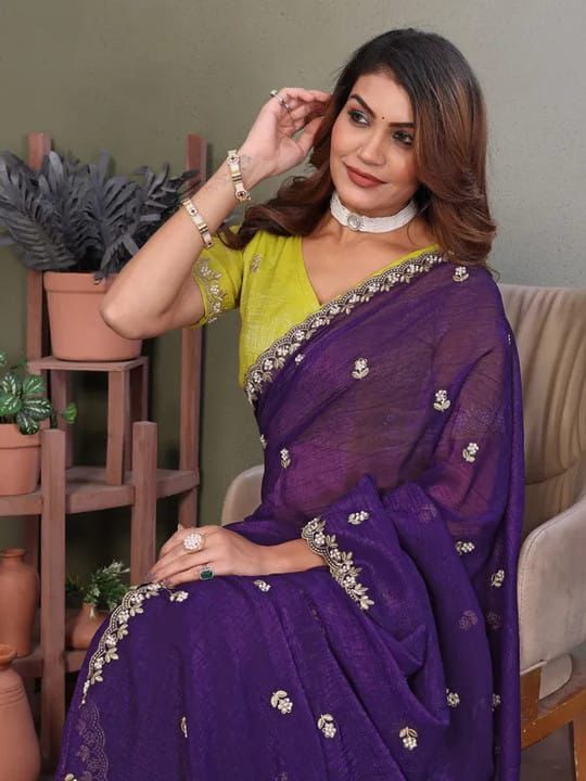 Kayatri New Premium Space Chiffon Saree with Intricate Multi Embroidery & Designer Blouse