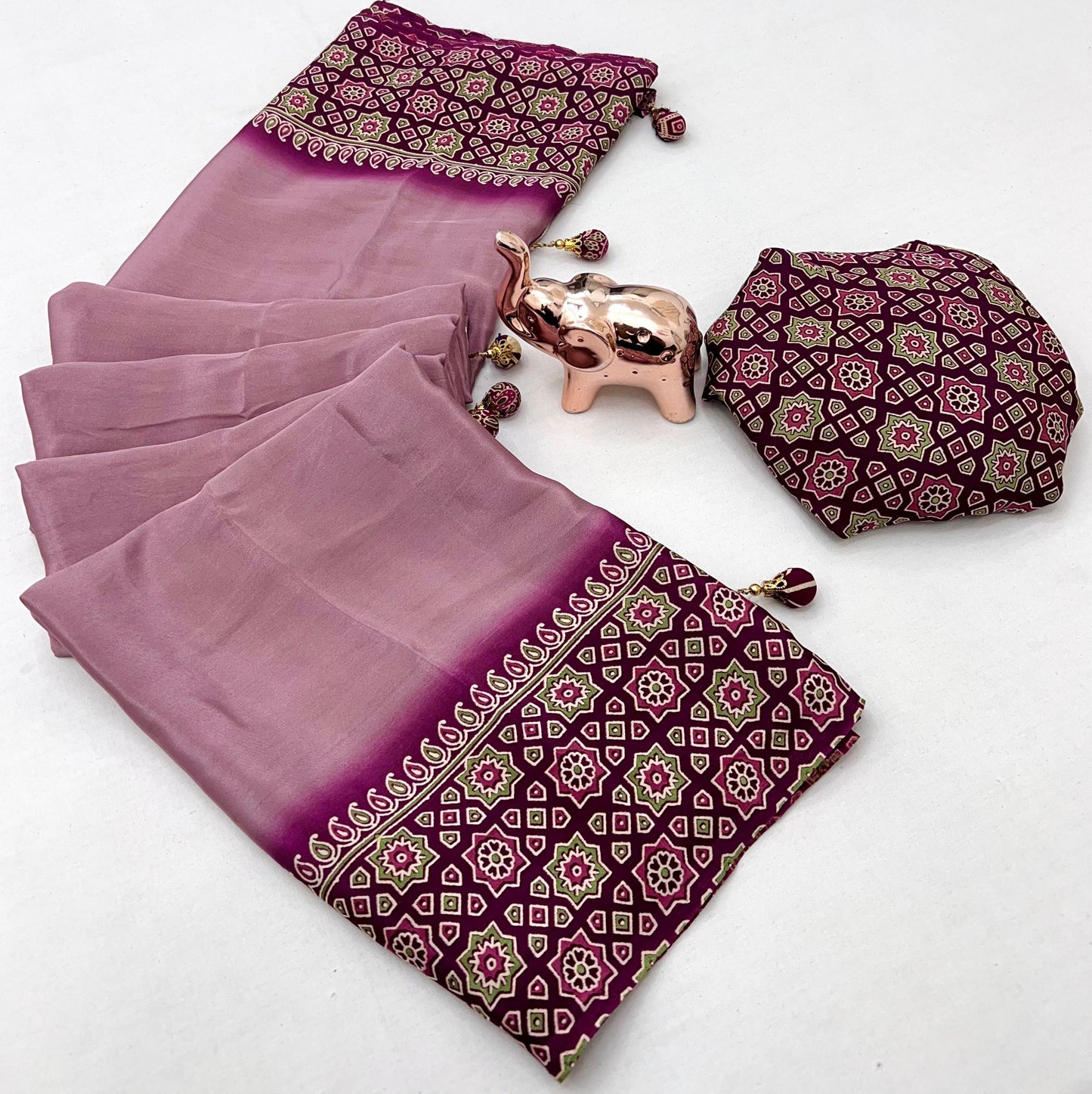 Kayatri New Ajrak Print Satin Saree with Rich Pallu & Tassels