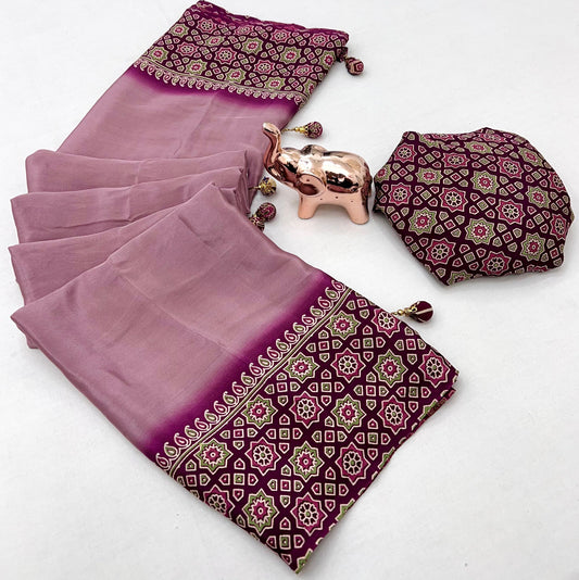 Kayatri New Ajrak Print Satin Saree with Rich Pallu & Tassels