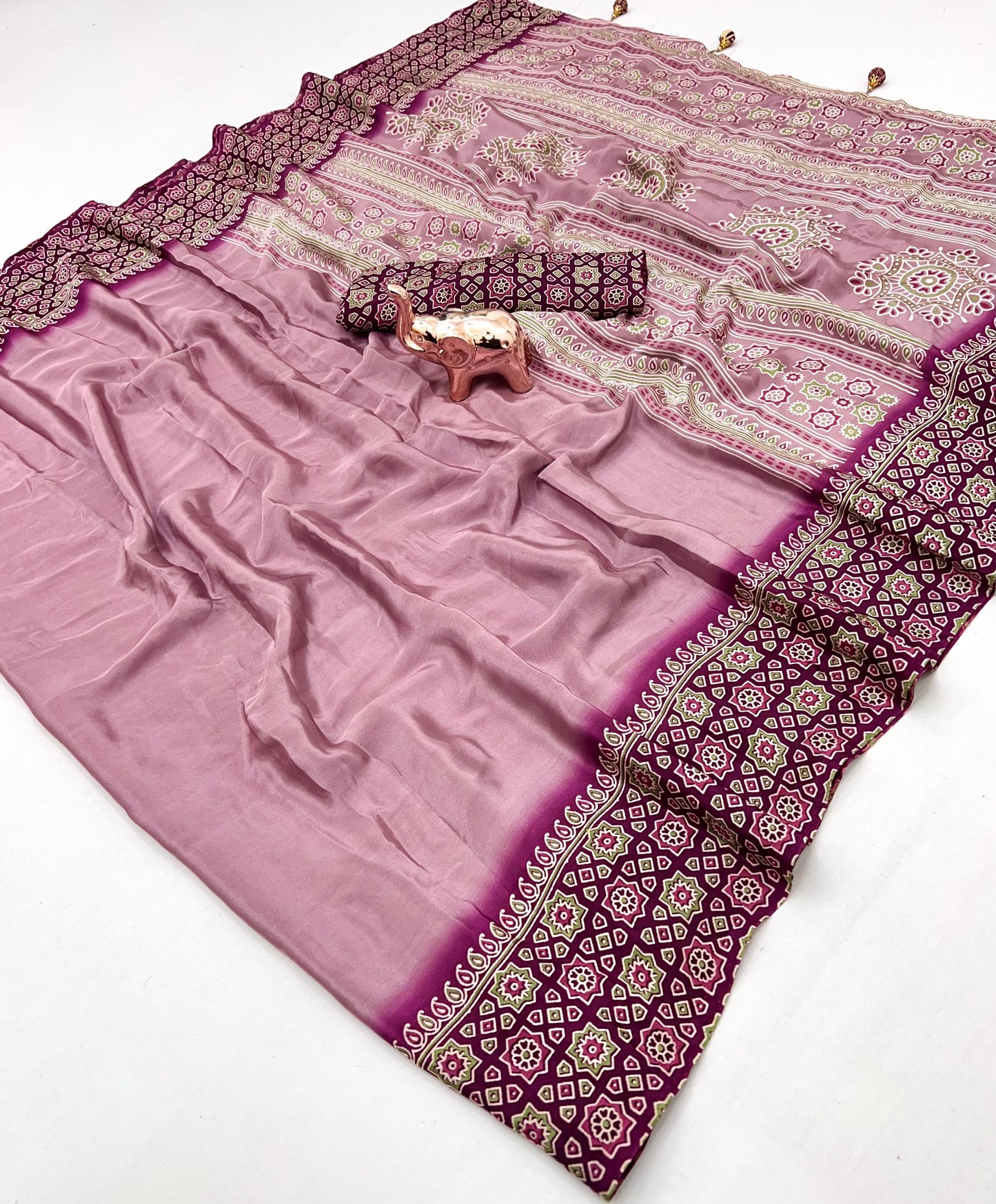 Kayatri New Ajrak Print Satin Saree with Rich Pallu & Tassels