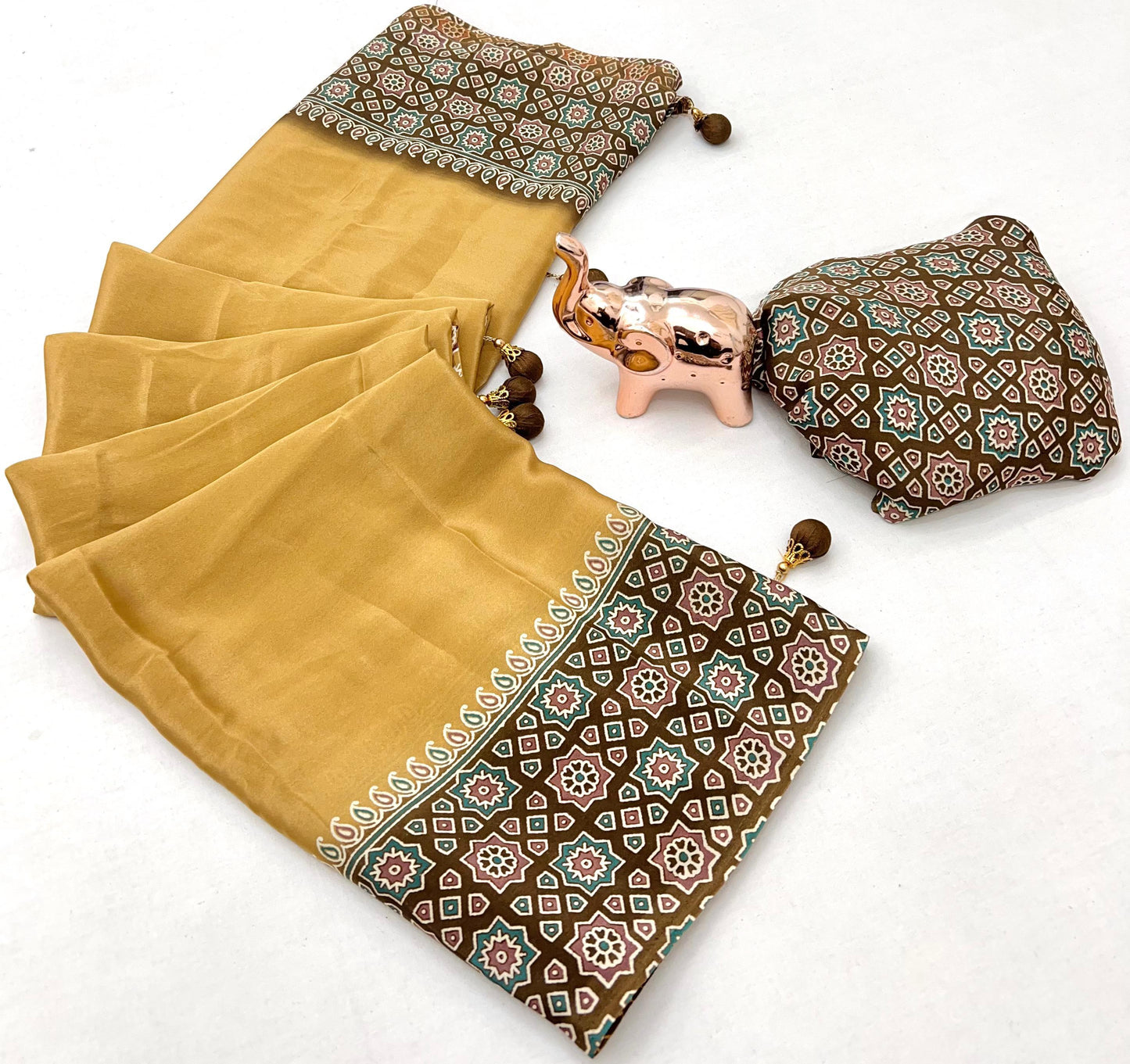 Kayatri New Ajrak Print Satin Saree with Rich Pallu & Tassels