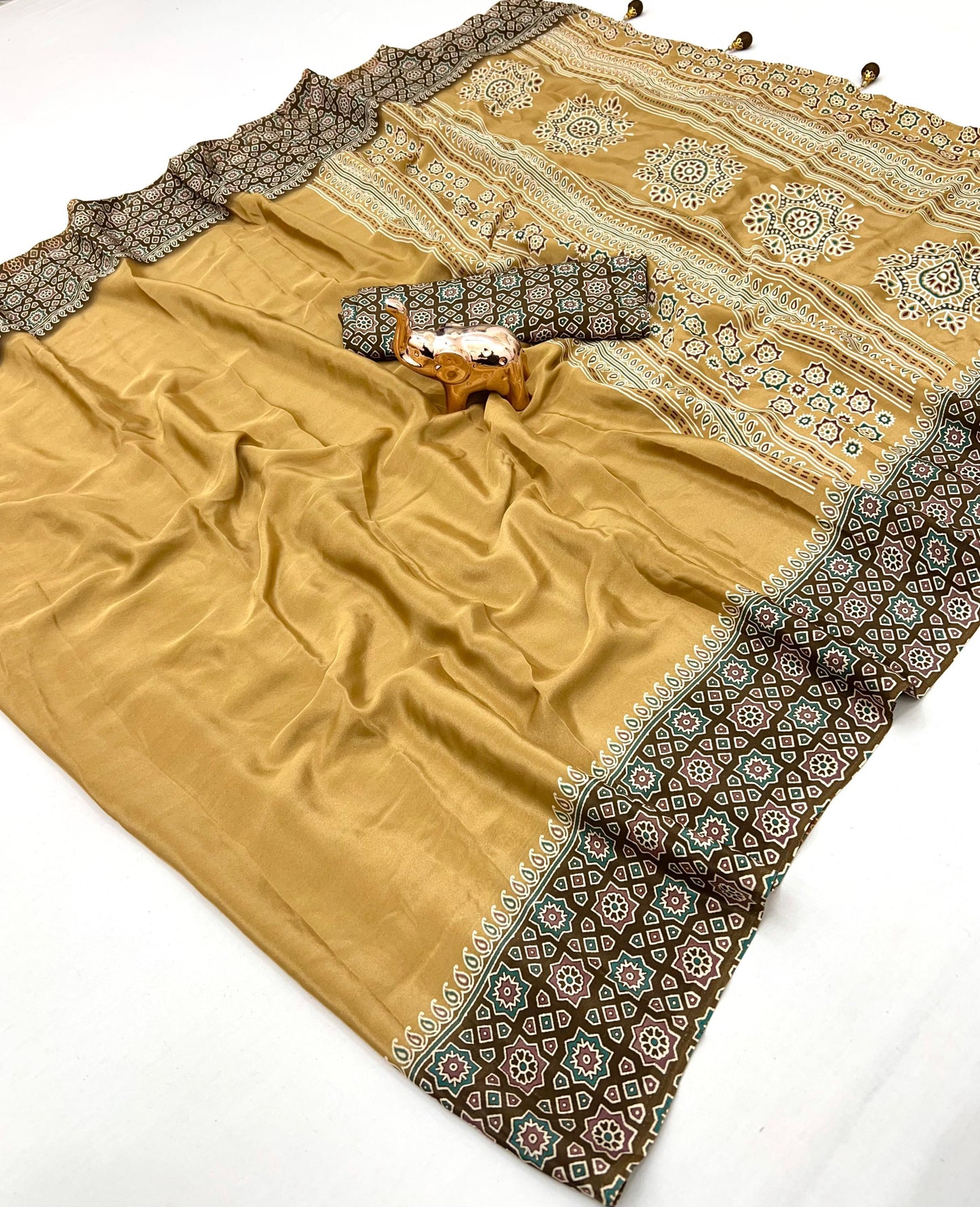 Kayatri New Ajrak Print Satin Saree with Rich Pallu & Tassels