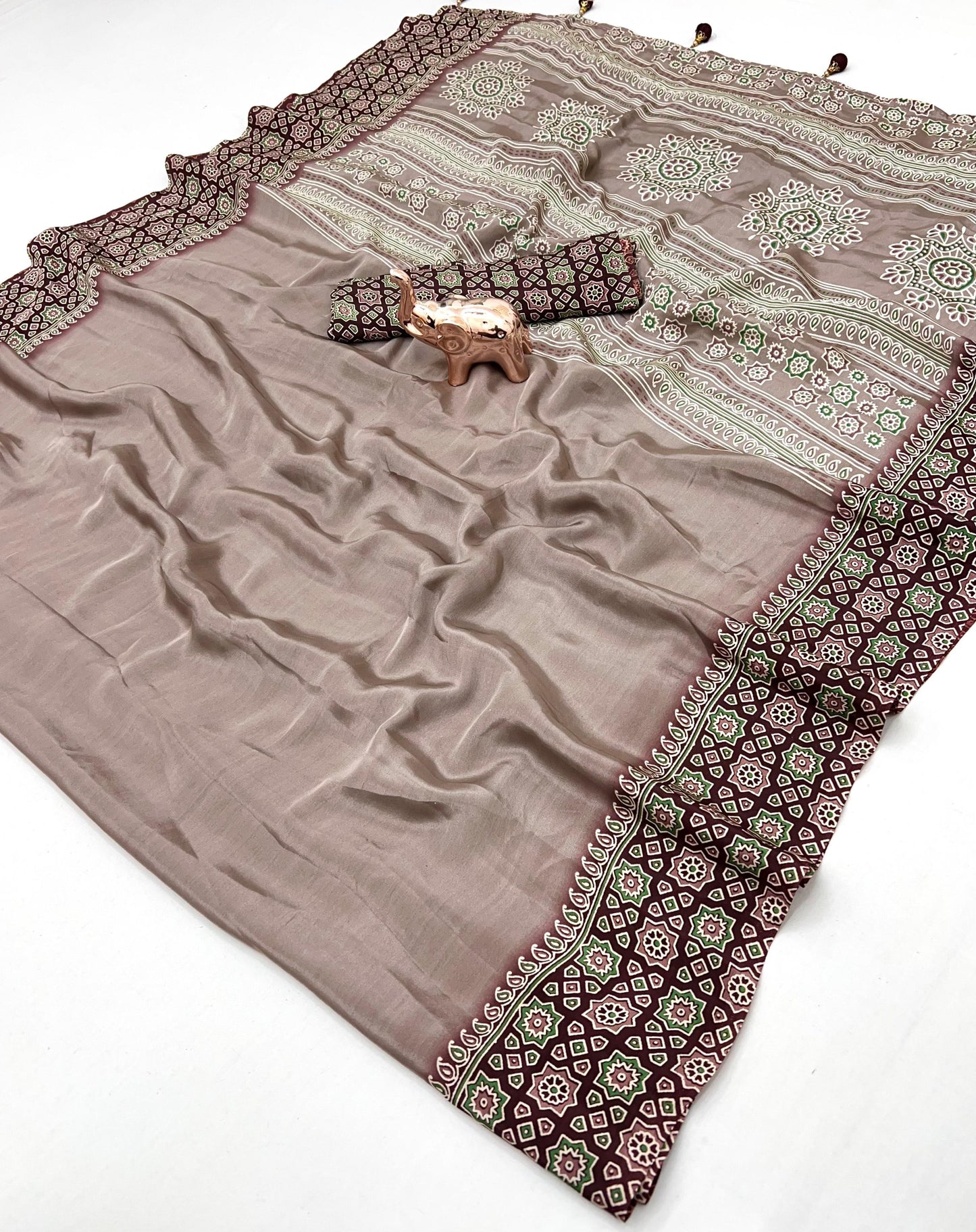 Kayatri New Ajrak Print Satin Saree with Rich Pallu & Tassels