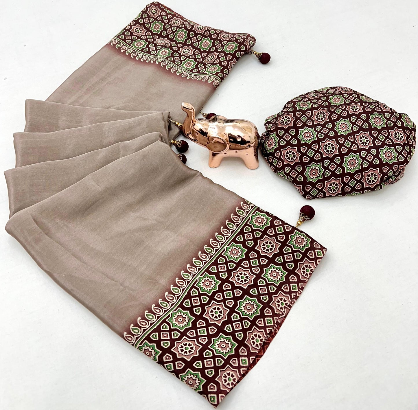 Kayatri New Ajrak Print Satin Saree with Rich Pallu & Tassels