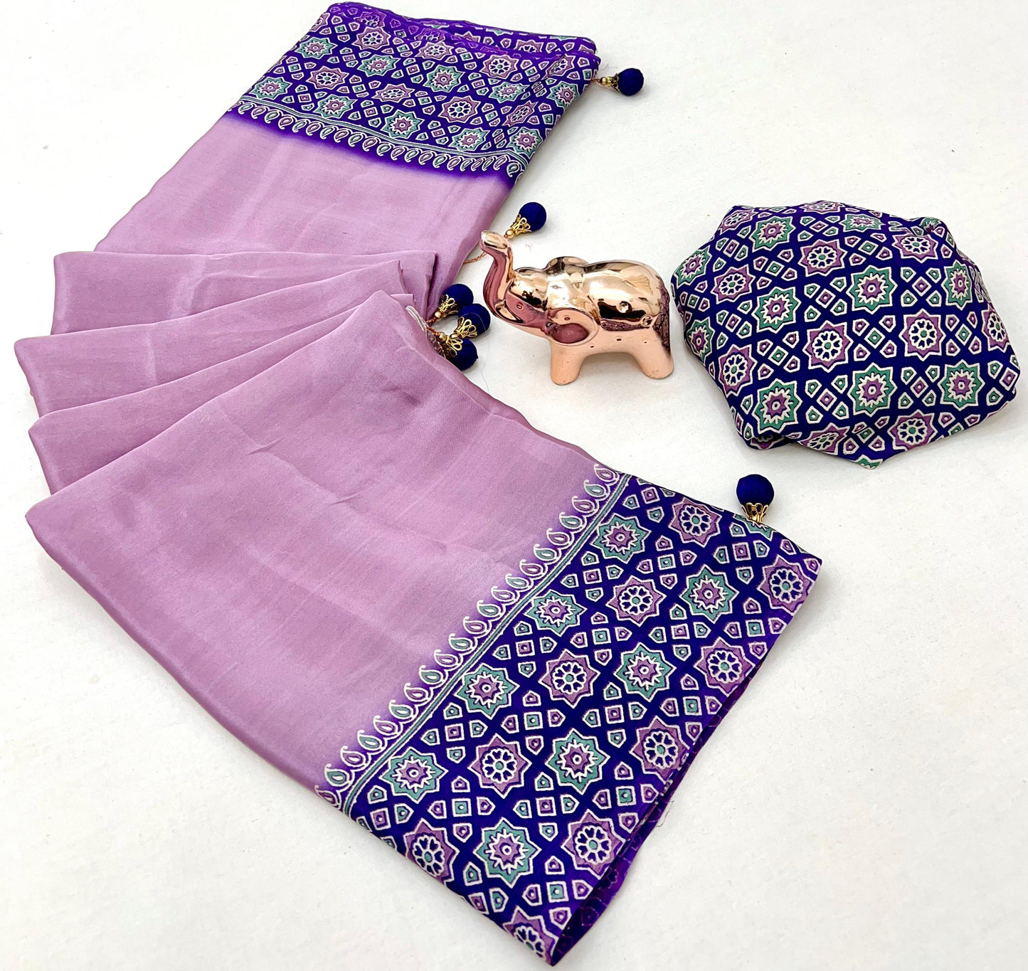 Kayatri New Ajrak Print Satin Saree with Rich Pallu & Tassels