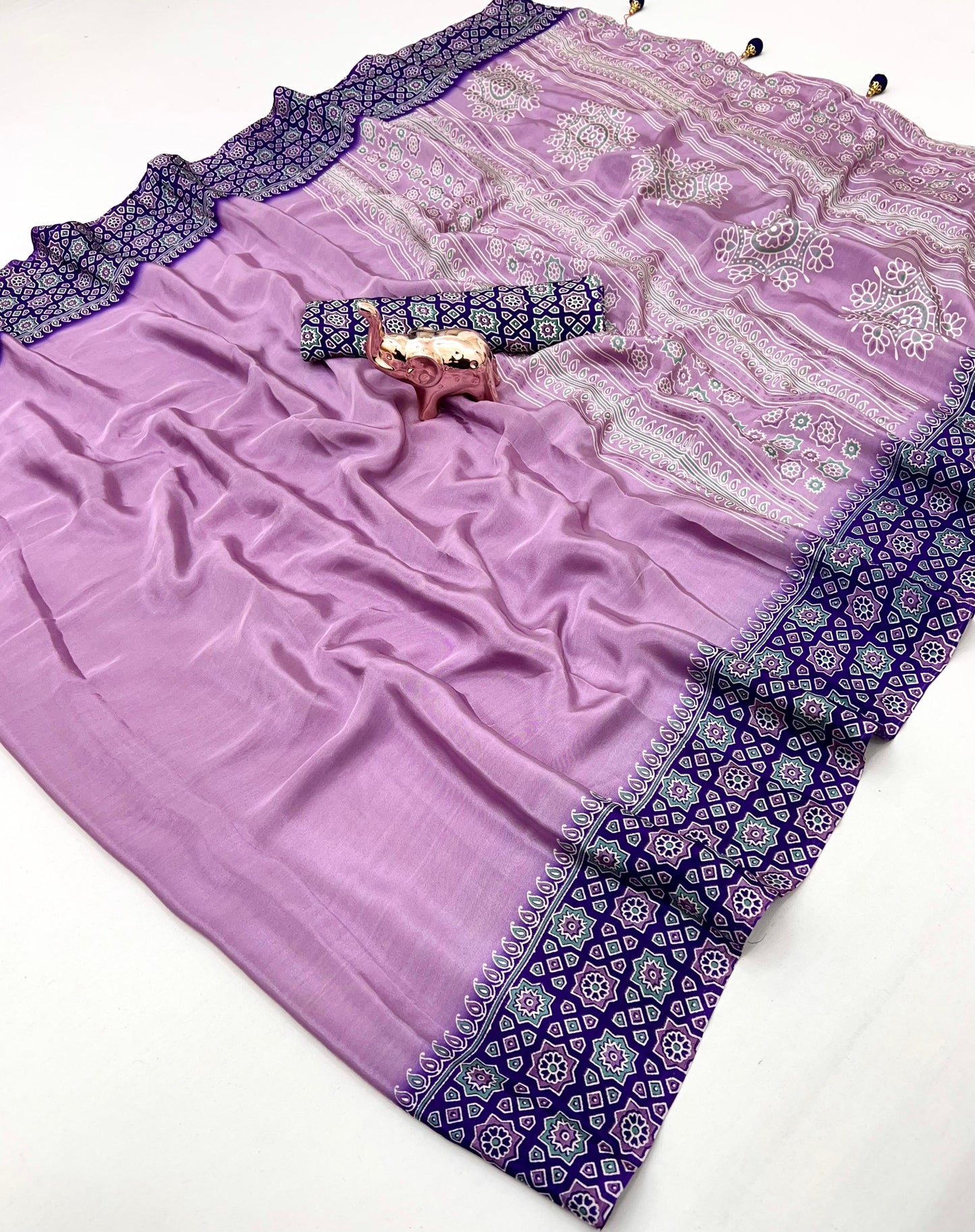 Kayatri New Ajrak Print Satin Saree with Rich Pallu & Tassels