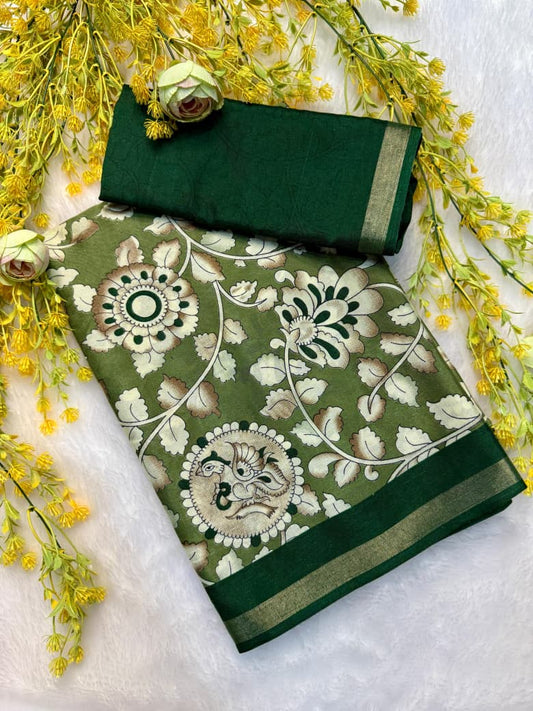 Kayatri New Premium Cotton Saree with Pen Kalamkari Design & Contrast Zari Hamsa Borders