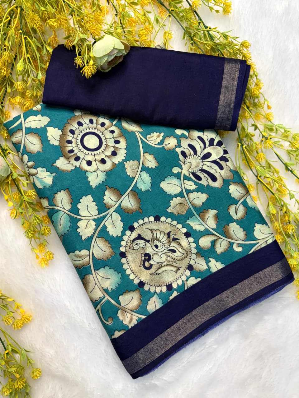 Kayatri New Premium Cotton Saree with Pen Kalamkari Design & Contrast Zari Hamsa Borders