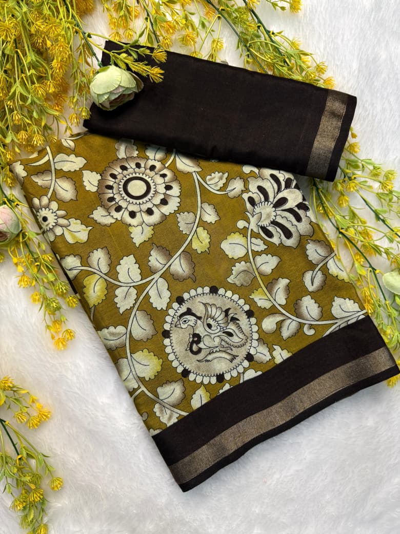Kayatri New Premium Cotton Saree with Pen Kalamkari Design & Contrast Zari Hamsa Borders