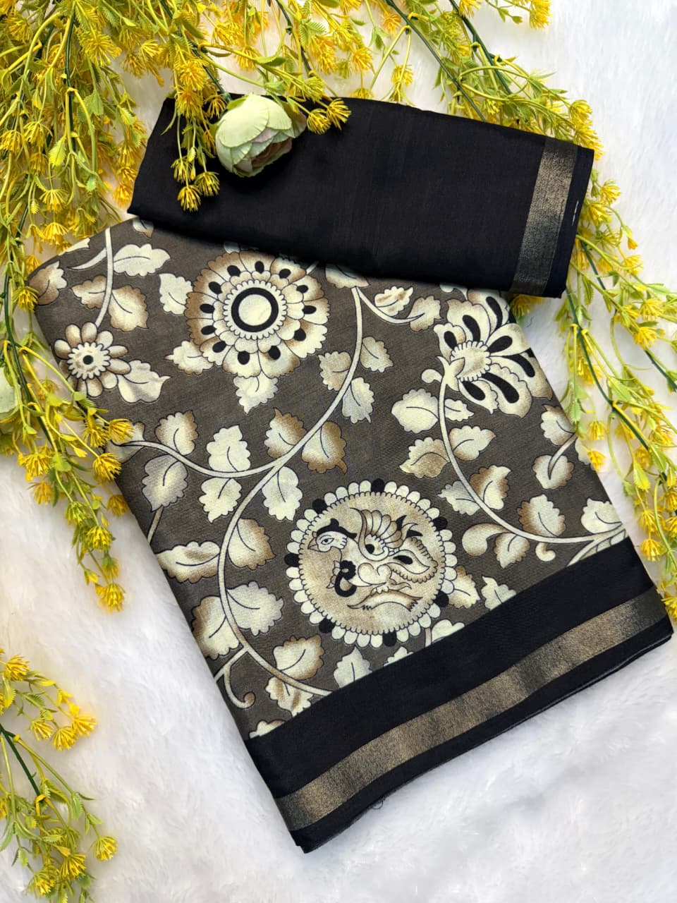 Kayatri New Premium Cotton Saree with Pen Kalamkari Design & Contrast Zari Hamsa Borders