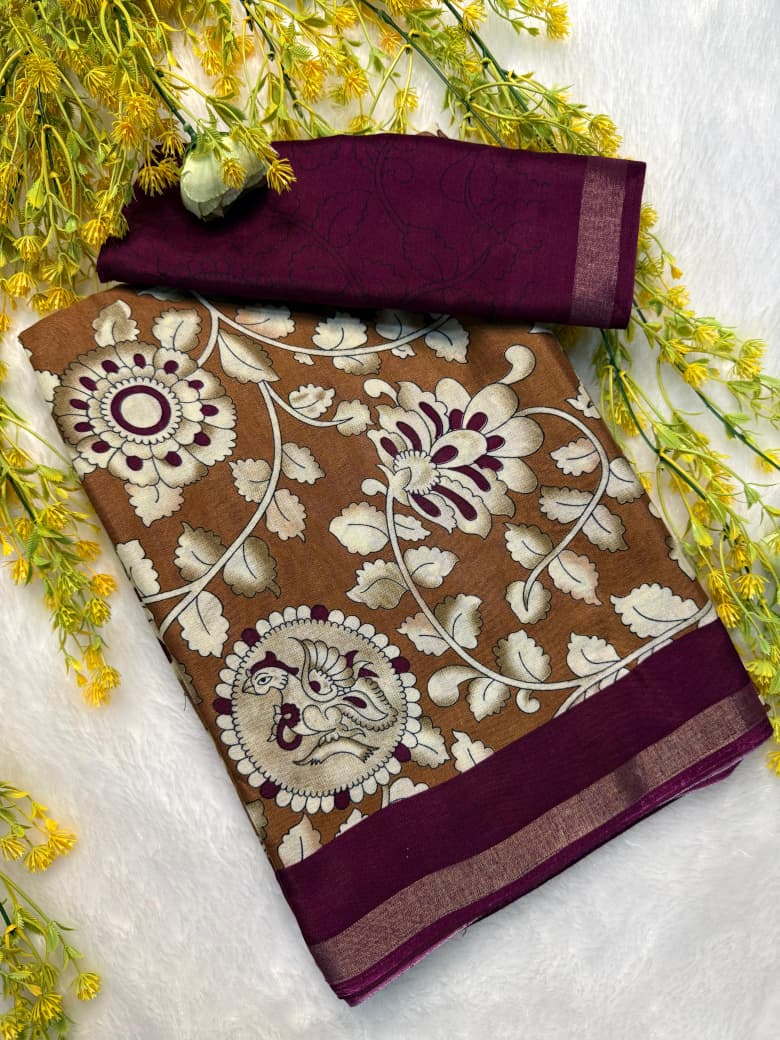 Kayatri New Premium Cotton Saree with Pen Kalamkari Design & Contrast Zari Hamsa Borders