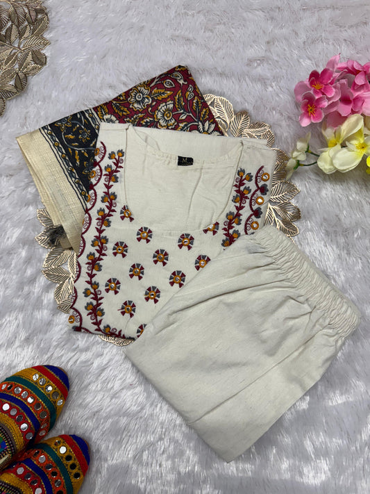 Kayatri New Designer White Khadi Cotton Kurti Set with Embroidery & Printed Dupatta