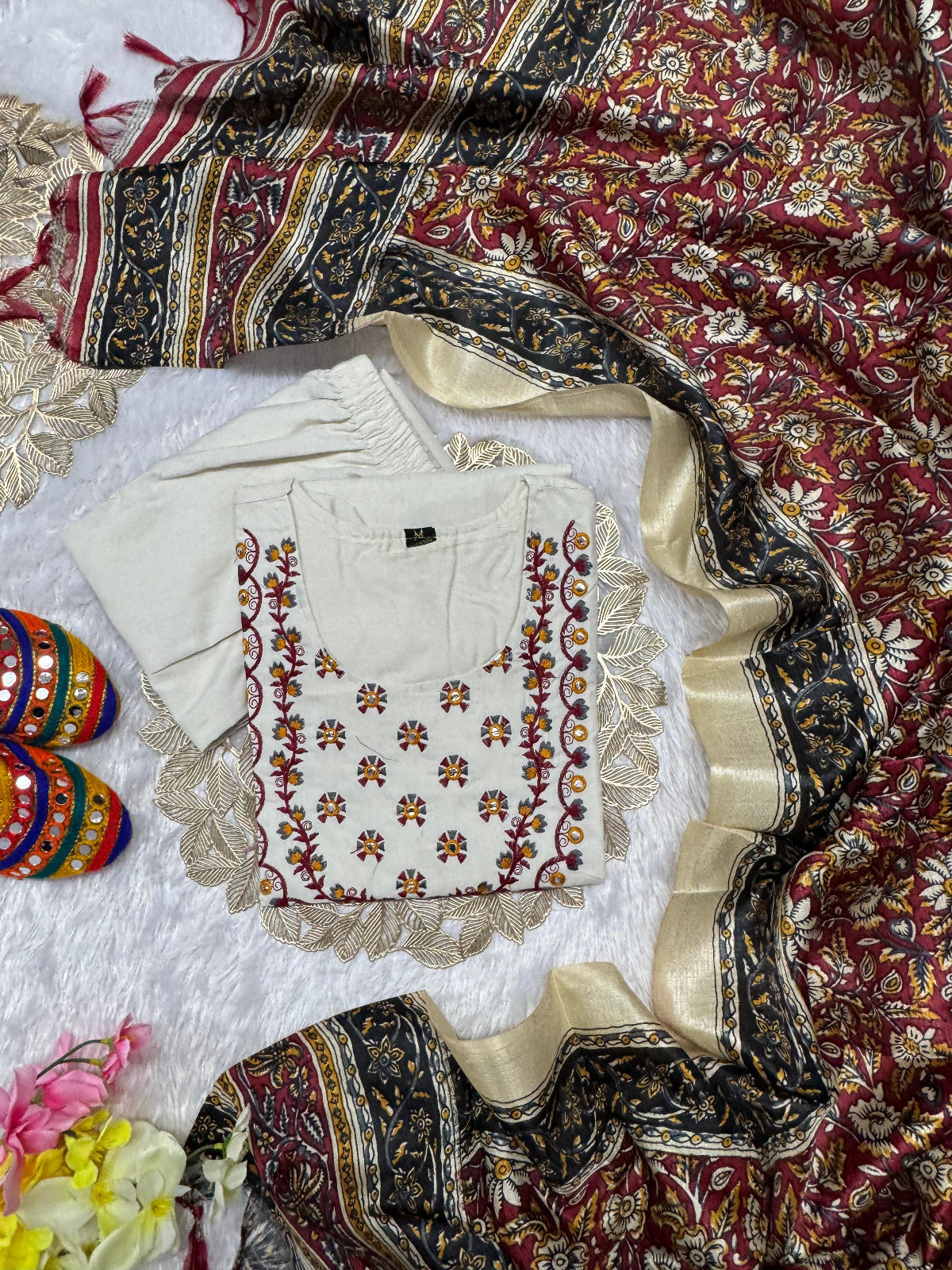 Kayatri New Designer White Khadi Cotton Kurti Set with Embroidery & Printed Dupatta