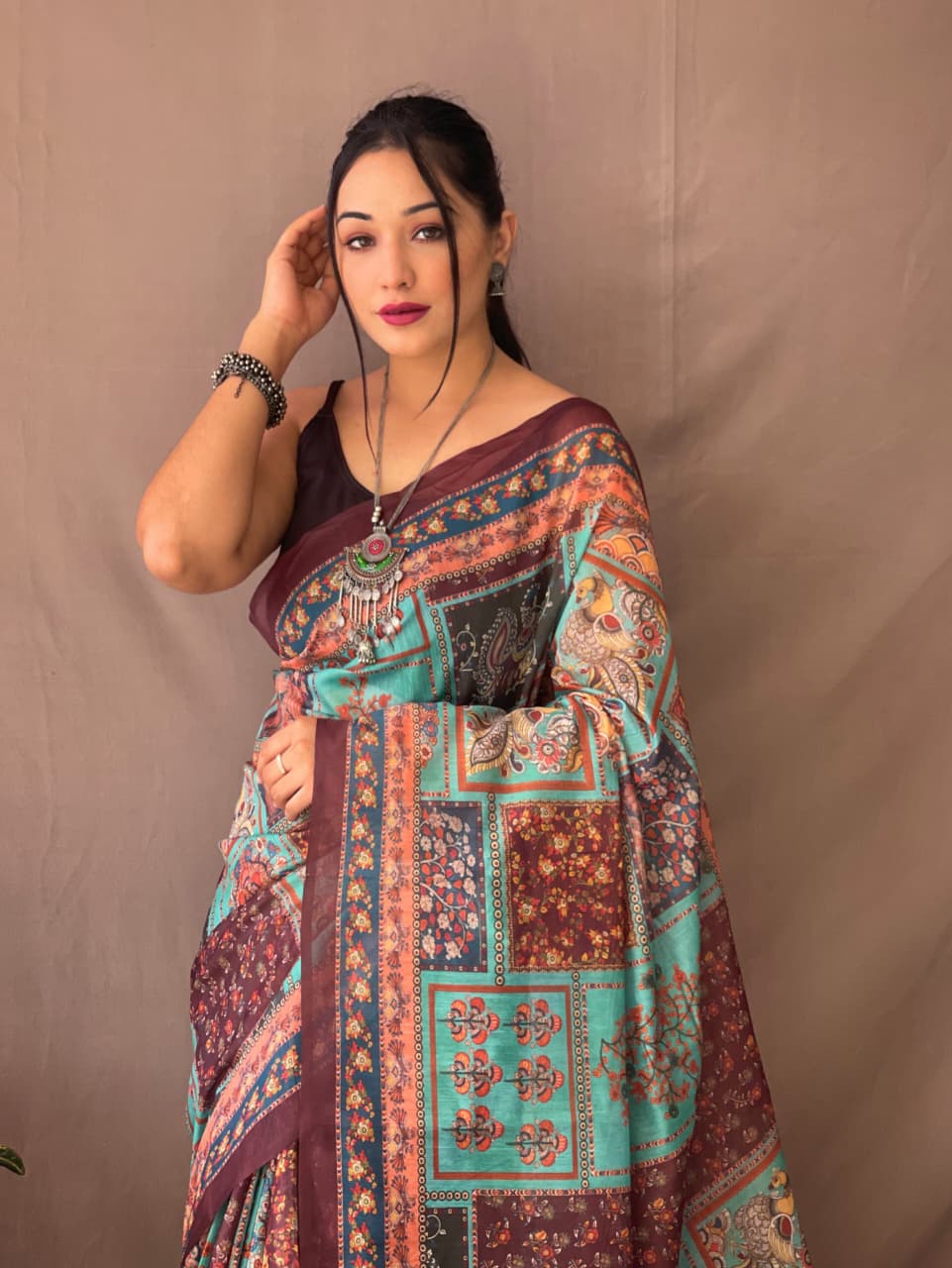 Kayatri New Pure Malai Cotton Saree with Kalamkari Prints, Contrast Pallu & Blouse