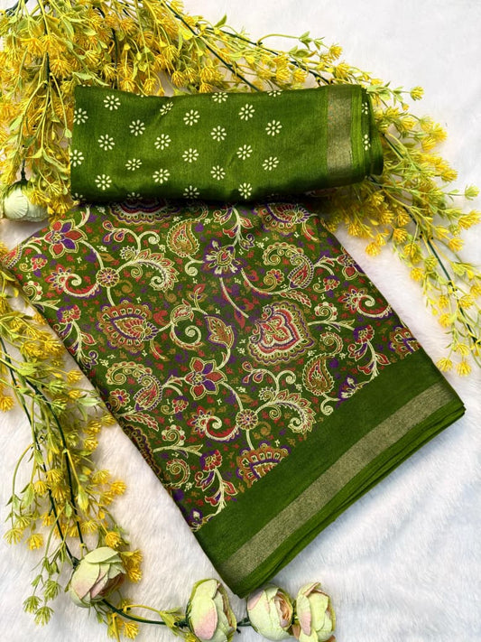 Kayatri New Premium Cotton Pen Kalamkari Saree with Contrast Zari Hamsa Borders