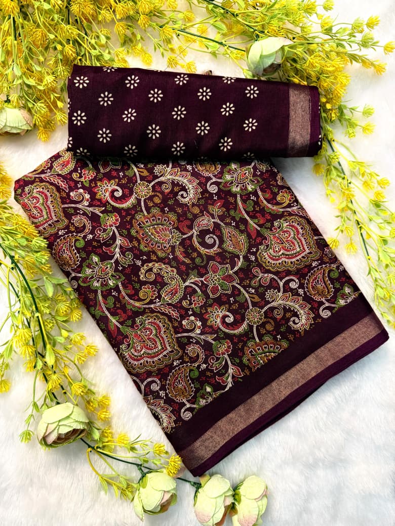 Kayatri New Premium Cotton Pen Kalamkari Saree with Contrast Zari Hamsa Borders