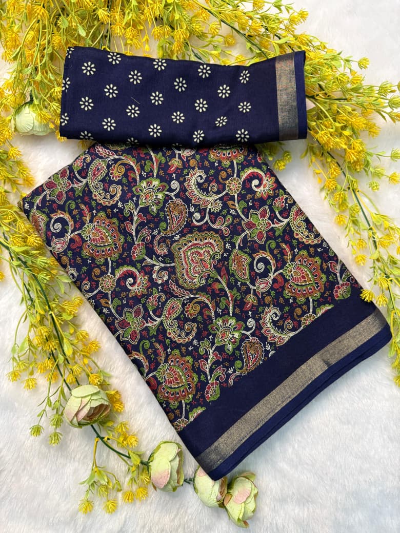 Kayatri New Premium Cotton Pen Kalamkari Saree with Contrast Zari Hamsa Borders
