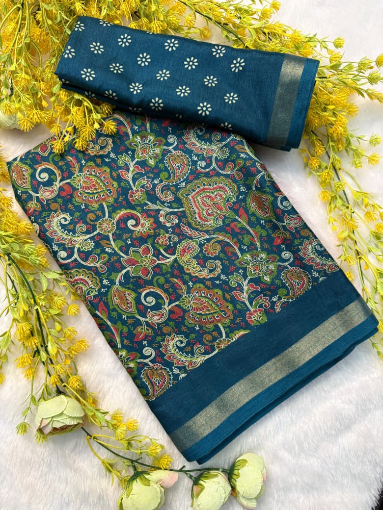 Kayatri New Premium Cotton Pen Kalamkari Saree with Contrast Zari Hamsa Borders