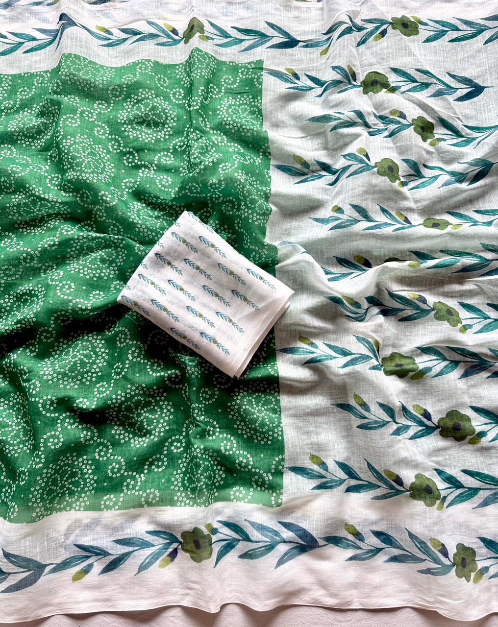 Kayatri New Trendy Soft Linen Bandhej Saree with Printed Blouse