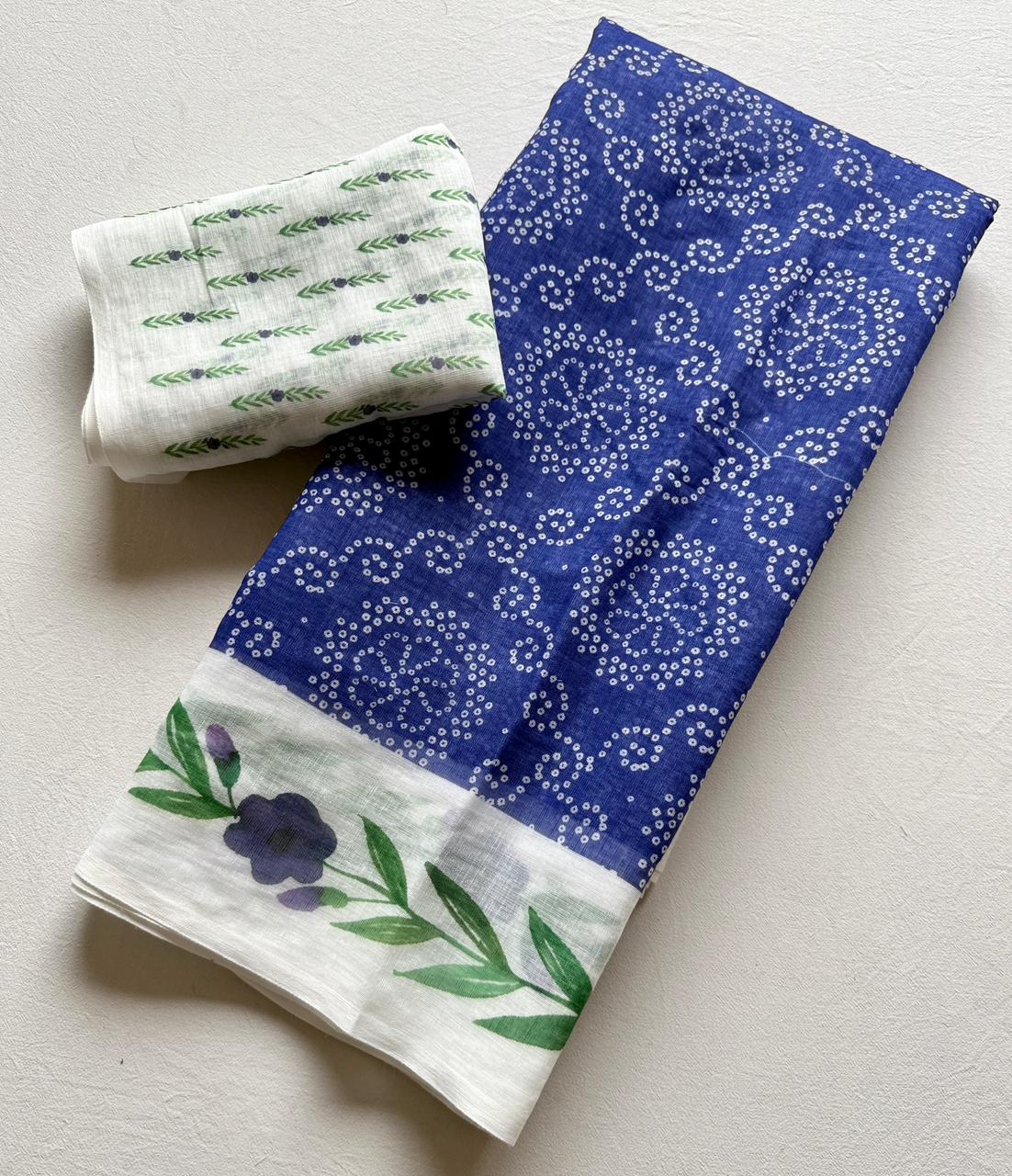 Kayatri New Trendy Soft Linen Bandhej Saree with Printed Blouse