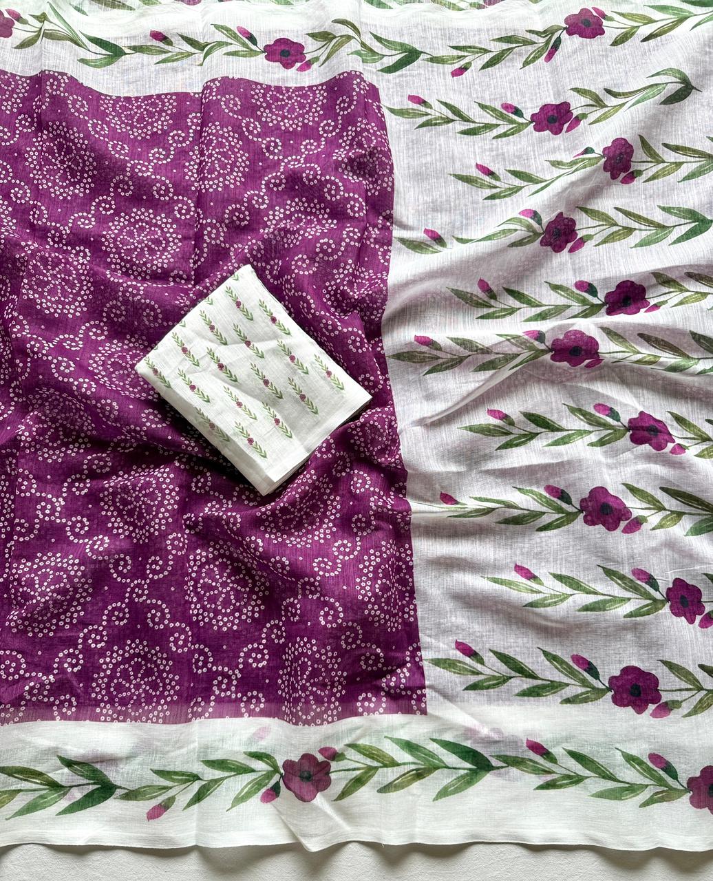 Kayatri New Trendy Soft Linen Bandhej Saree with Printed Blouse