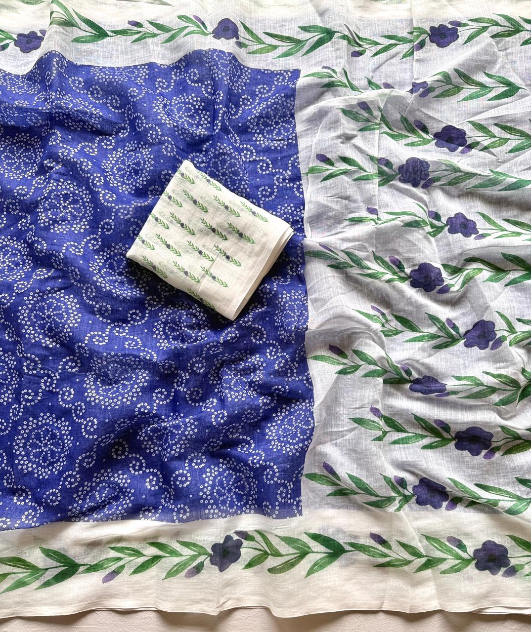 Kayatri New Trendy Soft Linen Bandhej Saree with Printed Blouse