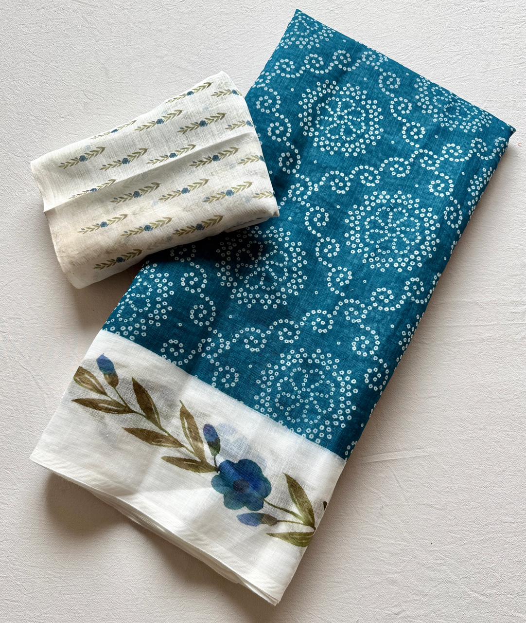 Kayatri New Trendy Soft Linen Bandhej Saree with Printed Blouse