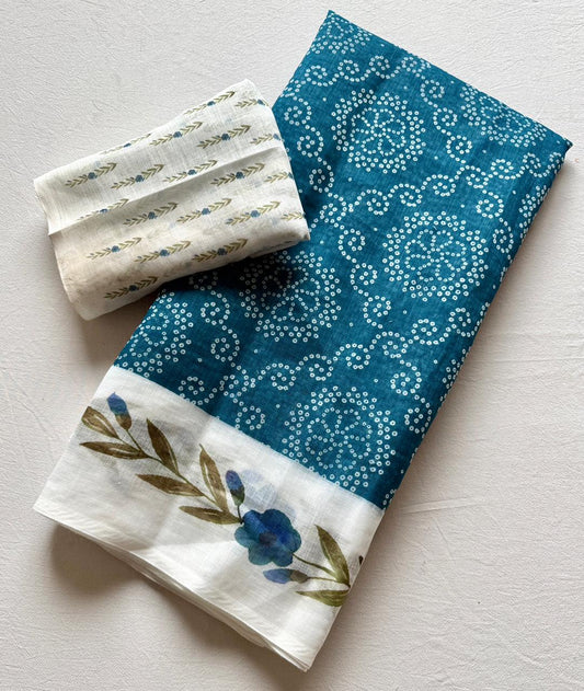 Kayatri New Trendy Soft Linen Bandhej Saree with Printed Blouse