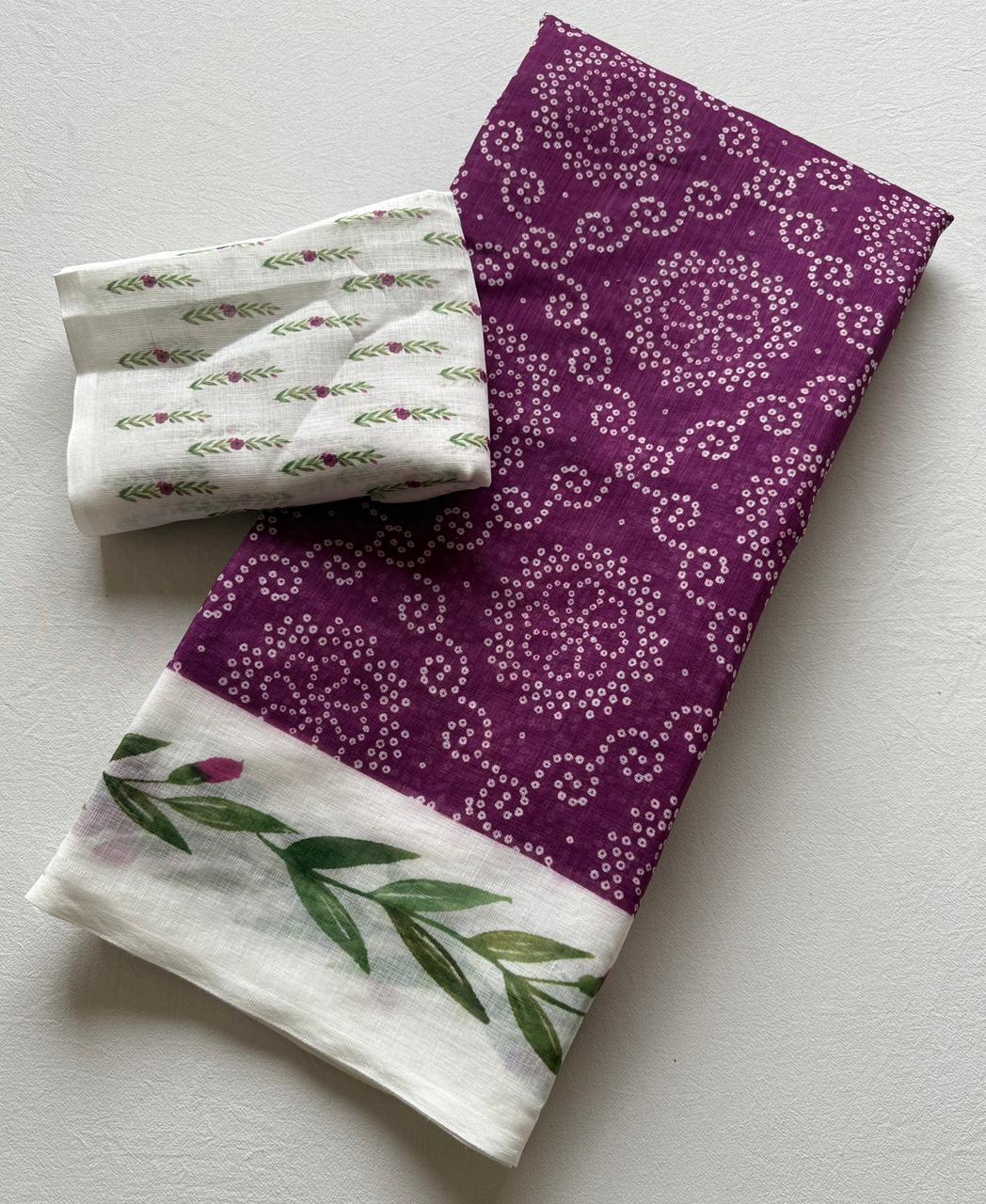 Kayatri New Trendy Soft Linen Bandhej Saree with Printed Blouse