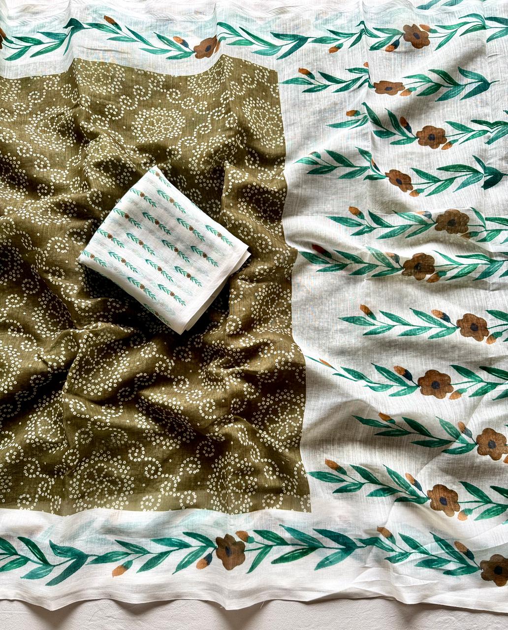 Kayatri New Trendy Soft Linen Bandhej Saree with Printed Blouse