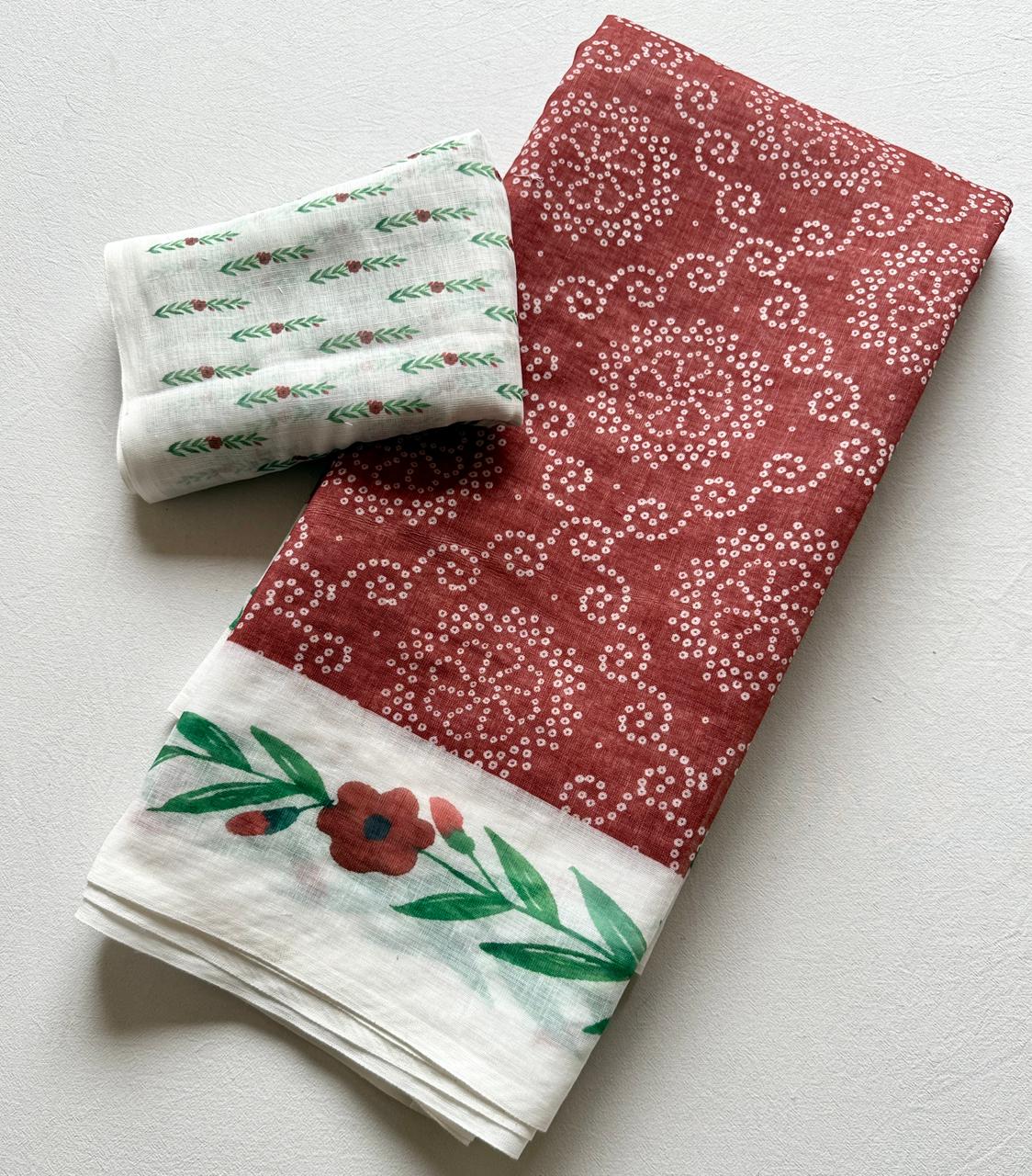 Kayatri New Trendy Soft Linen Bandhej Saree with Printed Blouse