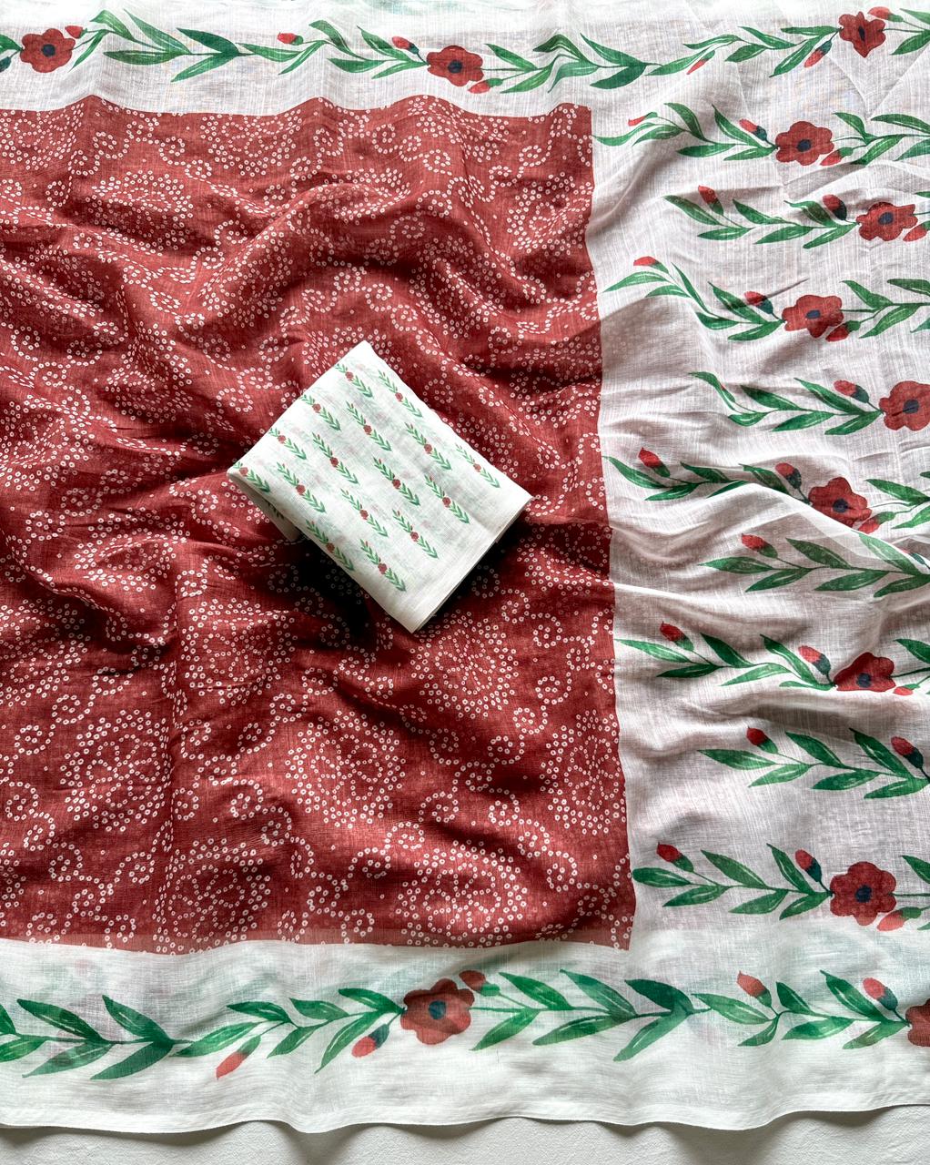 Kayatri New Trendy Soft Linen Bandhej Saree with Printed Blouse