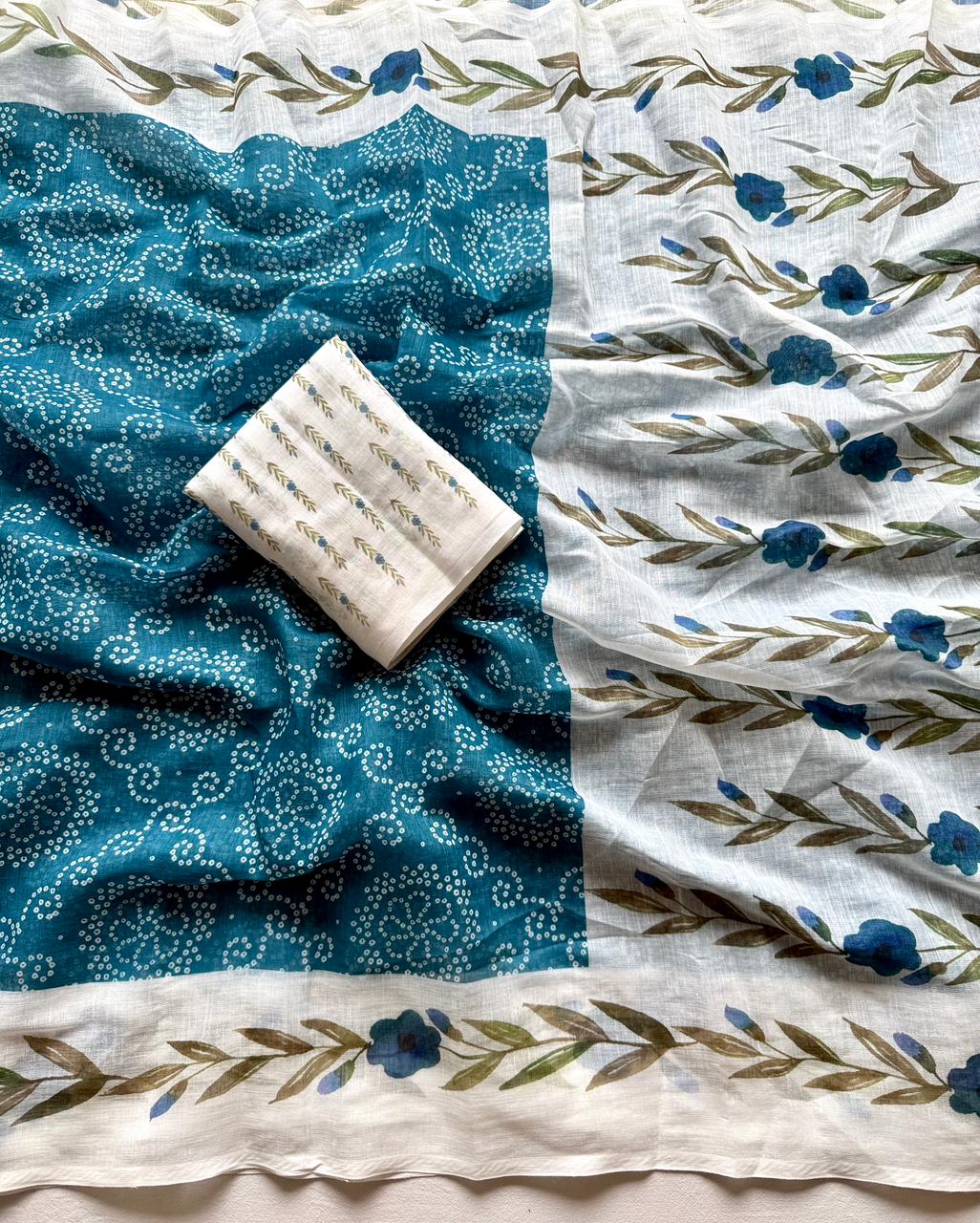 Kayatri New Trendy Soft Linen Bandhej Saree with Printed Blouse