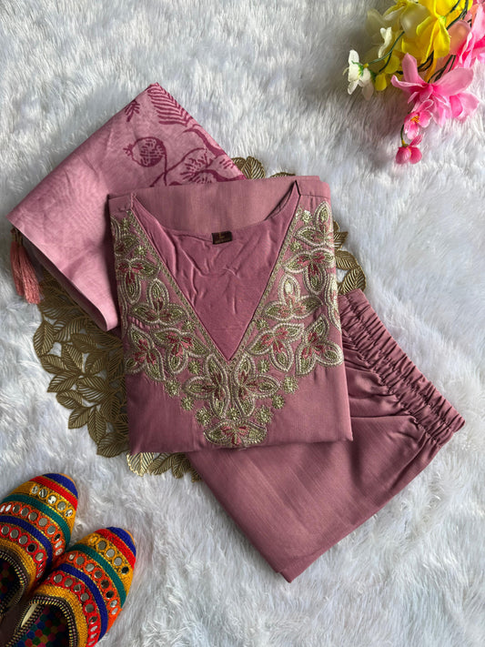 Kayatri New Premium Reyon Embroidered Suit with Matching Pant Printed Chanderi Dupatta