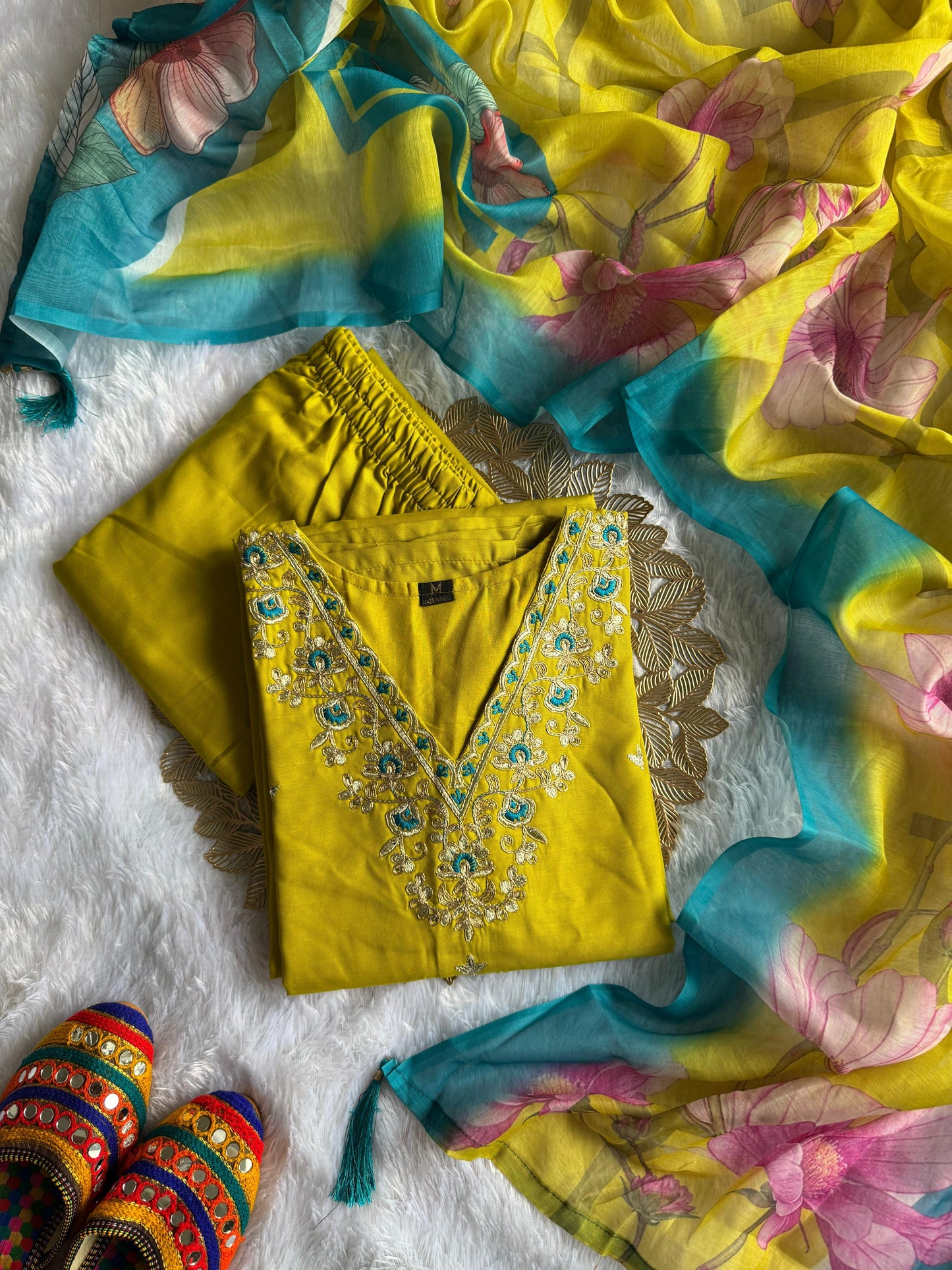 Kayatri New Designer Reyon Slub Kurti Pant Suit Dupatta Set with Embroidery  Chanderi Dupatta