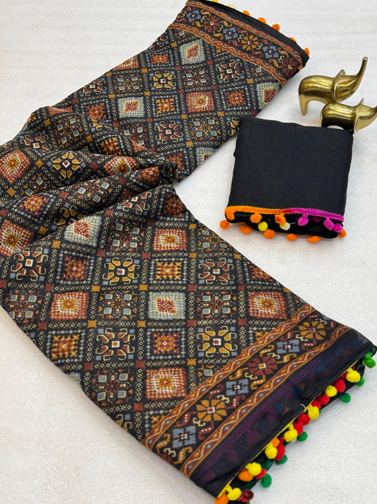 Kayatri New Elegant Mul Mul Cotton Ikkat Saree with Running Blouse