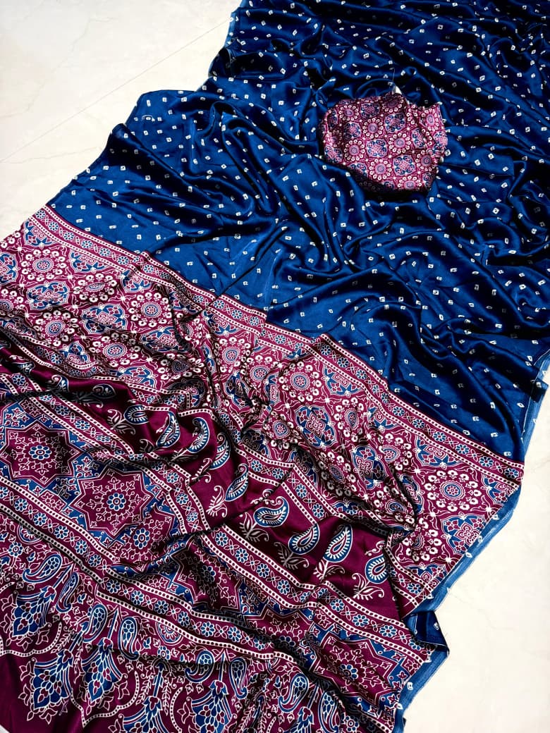 Kayatri New Premium Crepe Silk Ajrakh Print Saree Traditional Meets Trendy