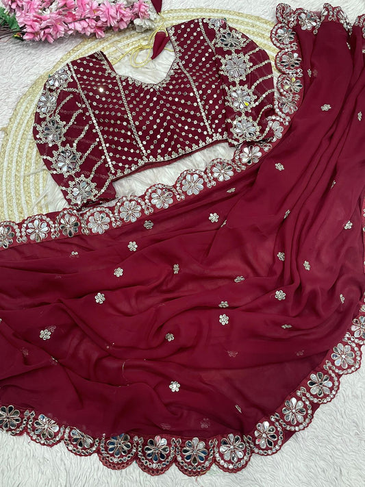 Kayatri New Georgette Saree With Bollywood Mirror Work Embroidered Lace Border