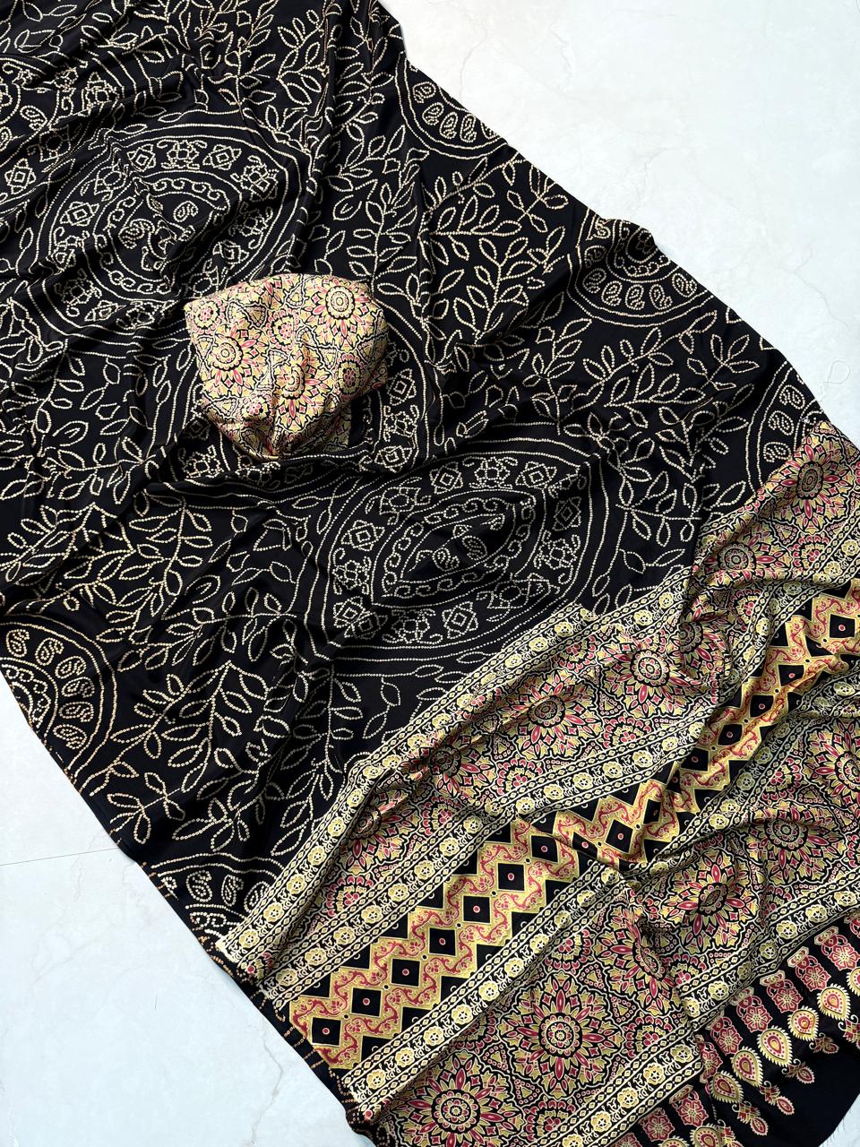 Kayatri New Elegant Ajrakh Print Saree Pure Crepe Satin Silk Collection