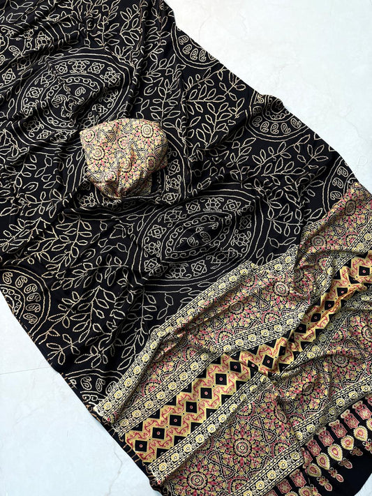 Kayatri New Elegant Ajrakh Print Saree Pure Crepe Satin Silk Collection