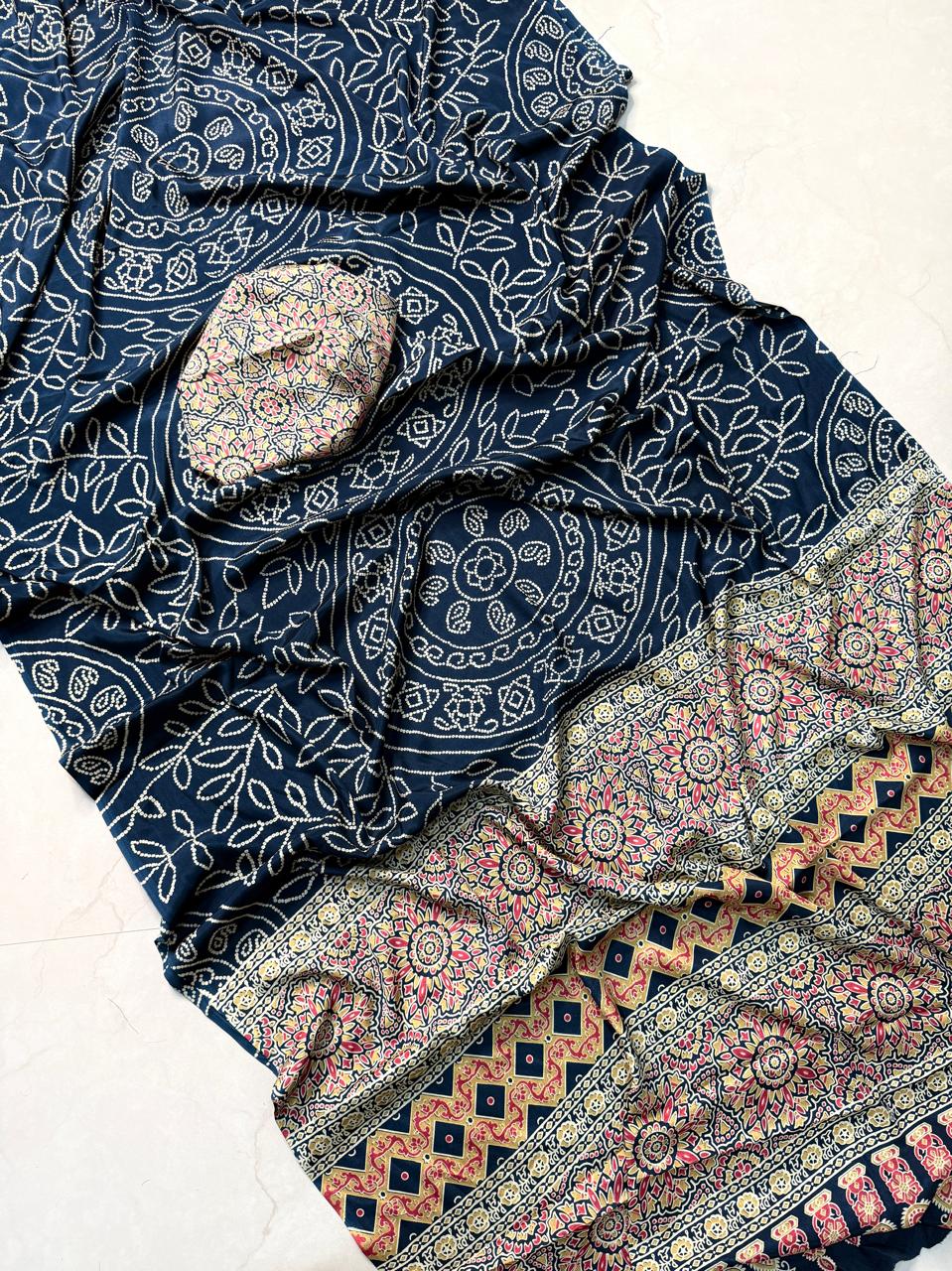 Kayatri New Elegant Ajrakh Print Saree Pure Crepe Satin Silk Collection