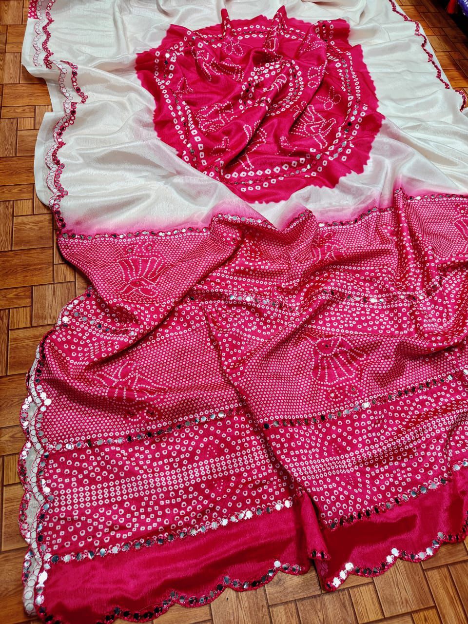 Kayatri New Stylish Chinon Saree with Exquisite Hand Mirror Embellishments