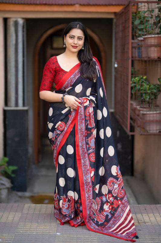 Kayatri New Soft Heavy Linen Printed Saree with Polki Kalamkari Design Tassels