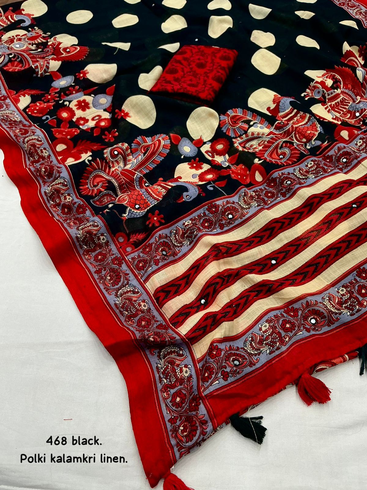 Kayatri New Soft Heavy Linen Printed Saree with Polki Kalamkari Design Tassels