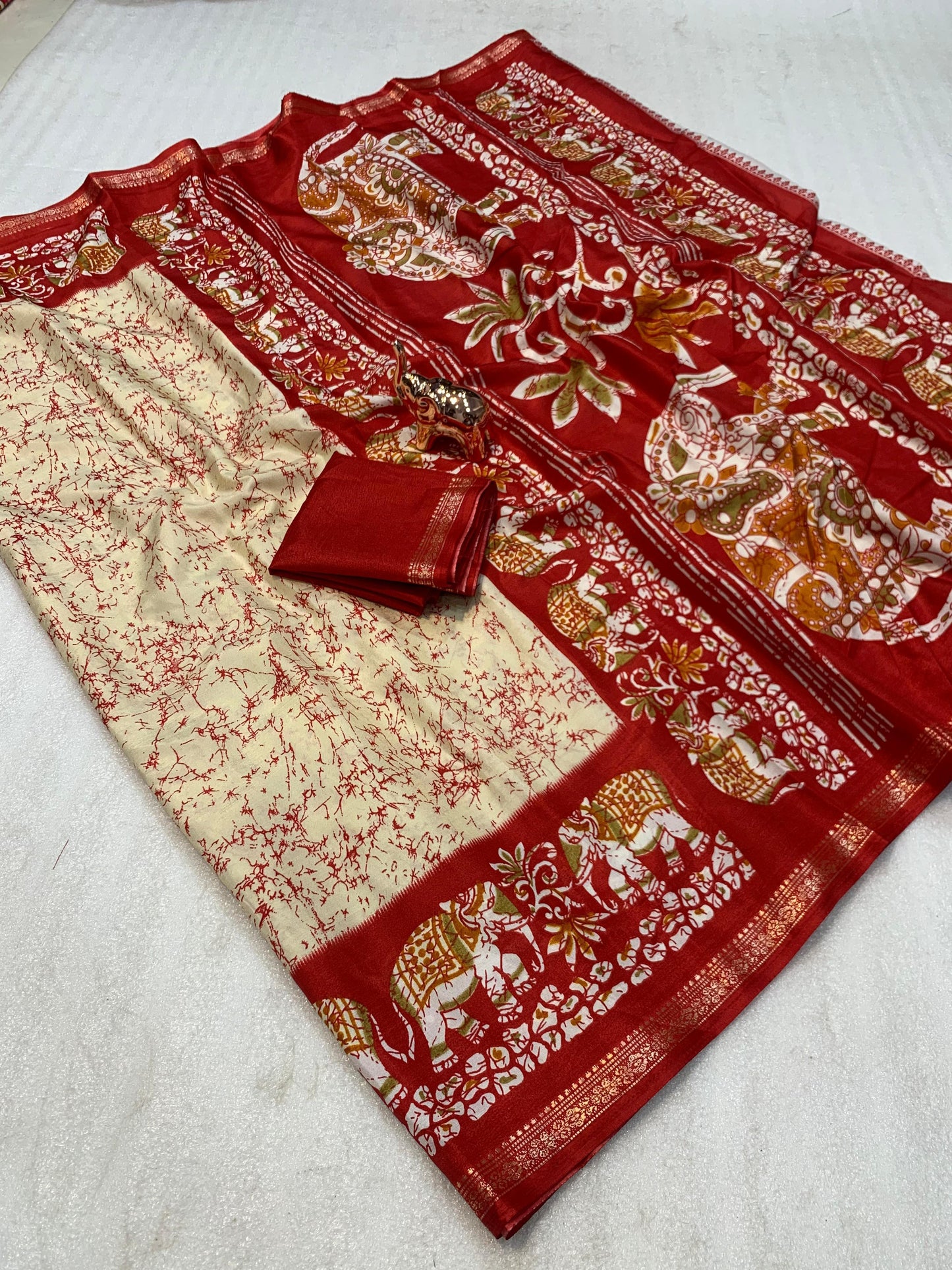 Kayatri New Premium Dola Silk Saree with Kalamkari Prints Designer Contrast Blouse