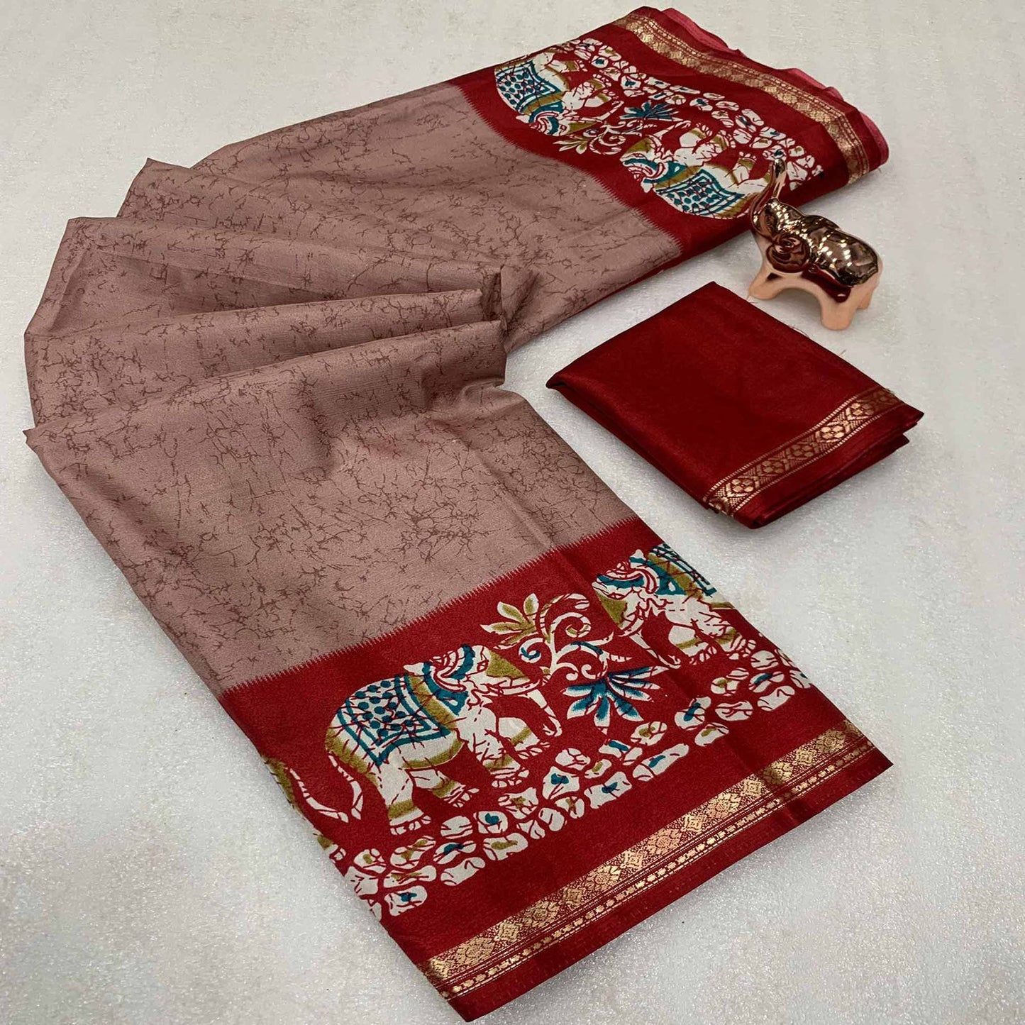 Kayatri New Premium Dola Silk Saree with Kalamkari Prints Designer Contrast Blouse
