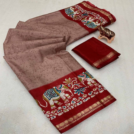 Kayatri New Premium Dola Silk Saree with Kalamkari Prints Designer Contrast Blouse