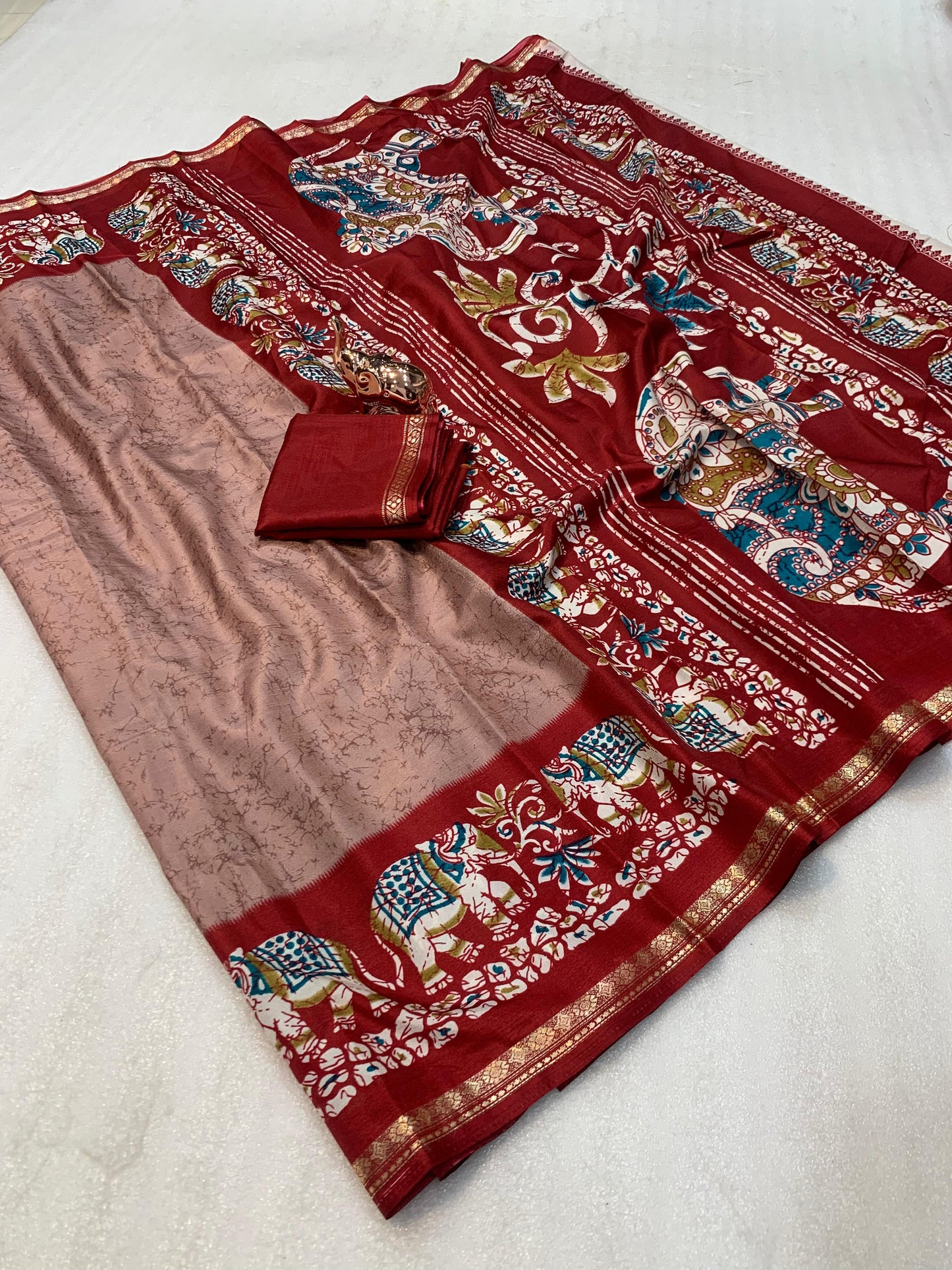Kayatri New Premium Dola Silk Saree with Kalamkari Prints Designer Contrast Blouse