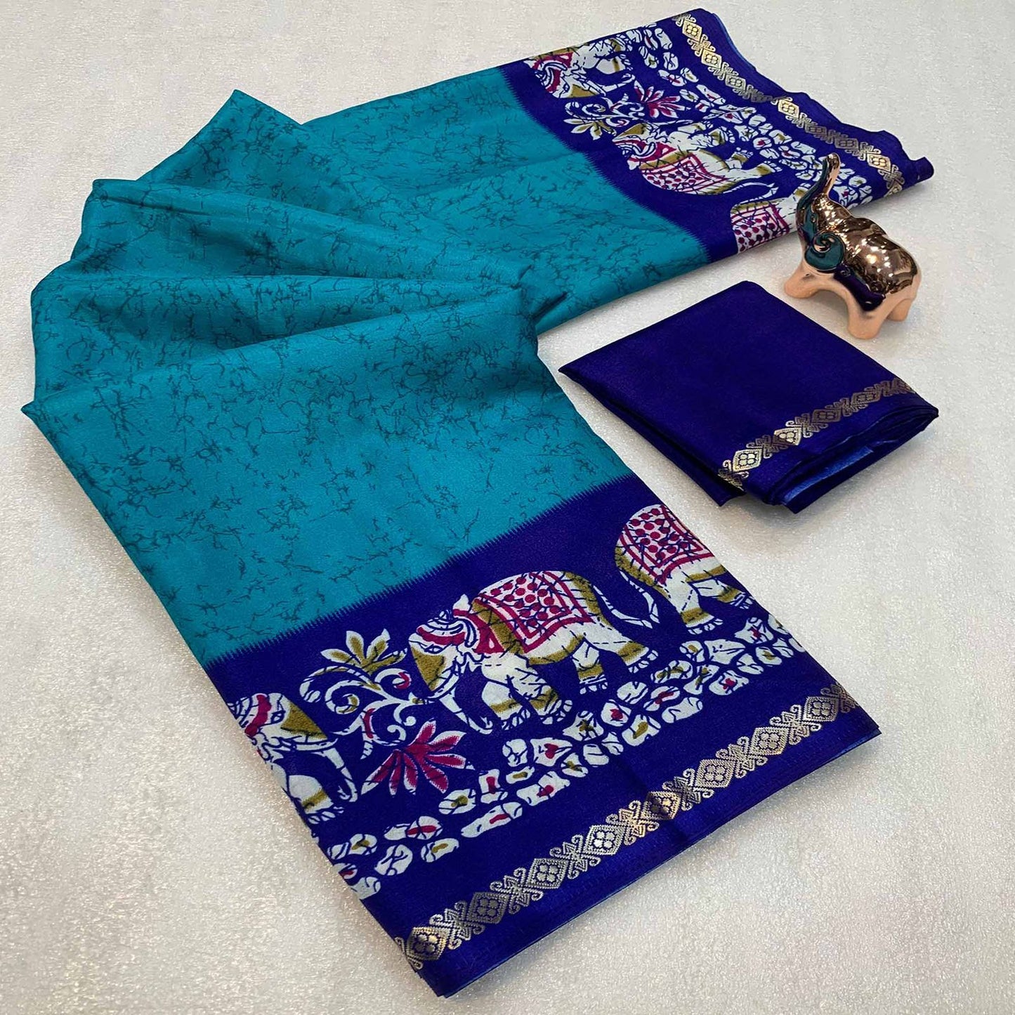 Kayatri New Premium Dola Silk Saree with Kalamkari Prints Designer Contrast Blouse